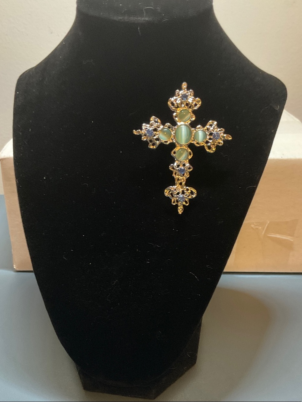 Silver Cross Brooch with Green and Blue Stones